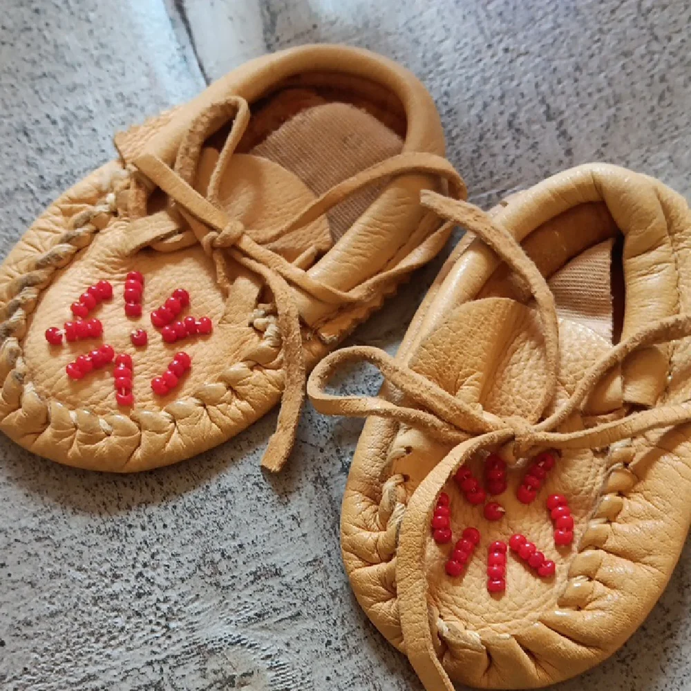 Source Unknown Butterscotch Moccasins w Red Beading Accents